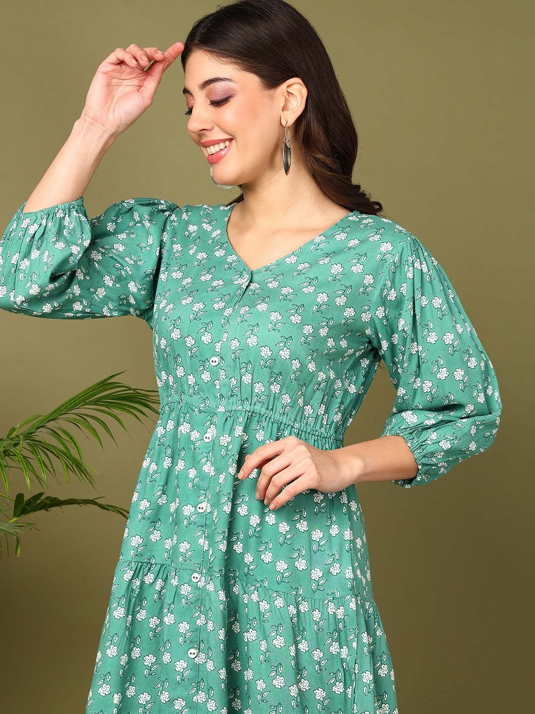 

mokshi V-Neck Floral Print Puff Sleeve A-Line Dress, Green