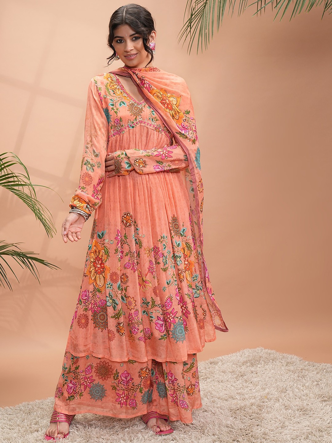 

Vishudh Floral Printed Empire Kurta With Palazzos & Dupatta, Peach