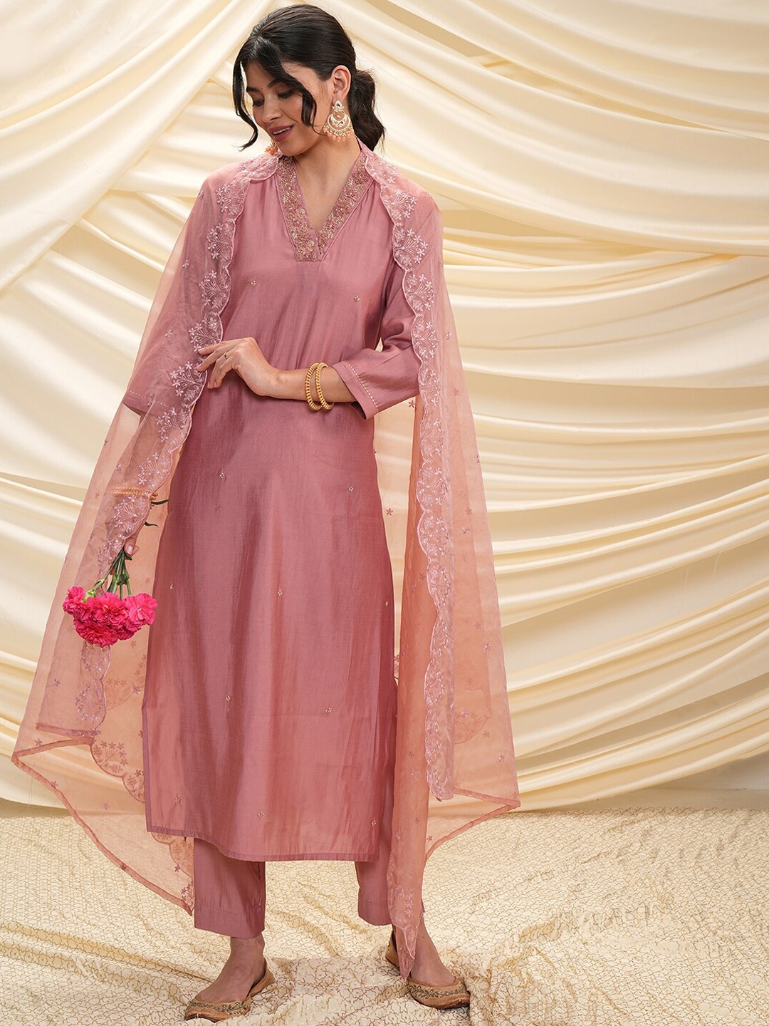 

Vishudh Peach Floral Embroidered Pure Cotton Kurta with Palazzos & With Dupatta