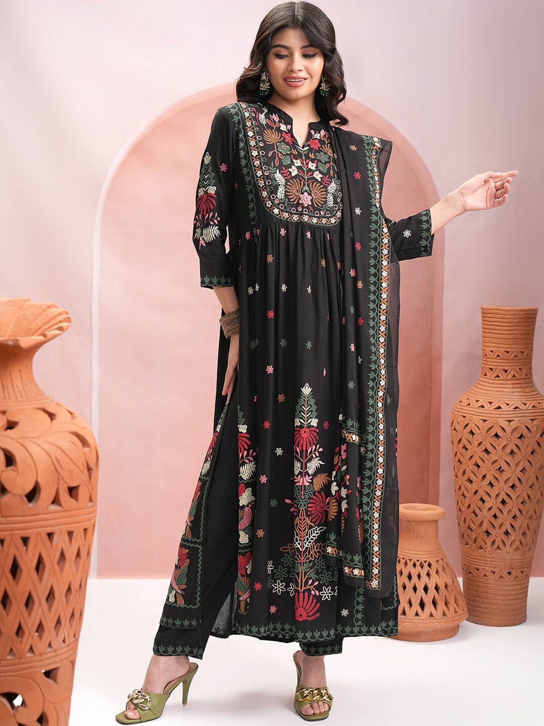 

Vishudh Floral Embroidered Thread Work Pure Cotton Kurta With Trousers & Dupatta, Black