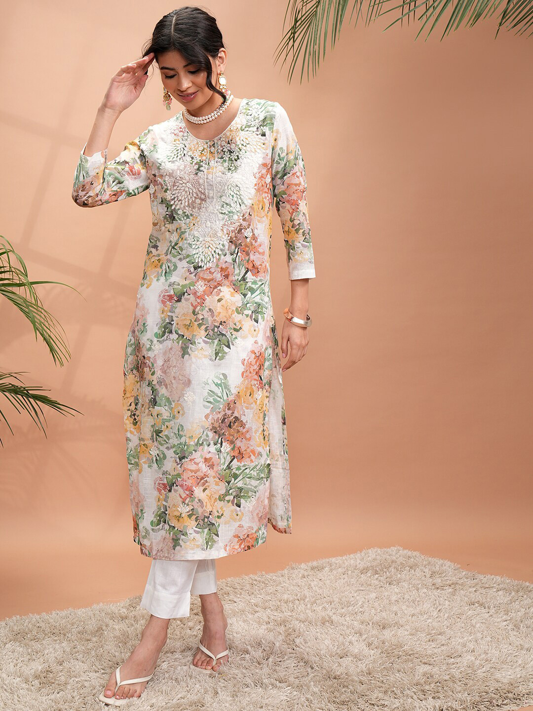 

Vishudh White Floral Printed Thread Work Straight Pure Cotton Kurta with Palazzos