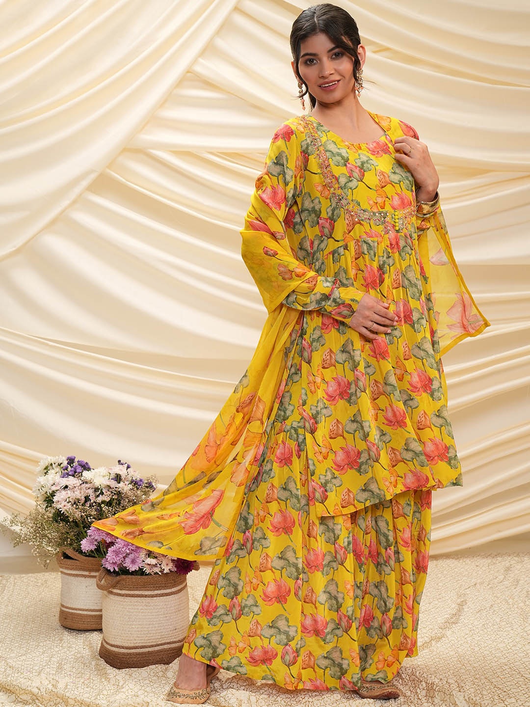 

Vishudh Mustard Floral Printed Mirror Work Pure Cotton Kurta with Sharara & With Dupatta