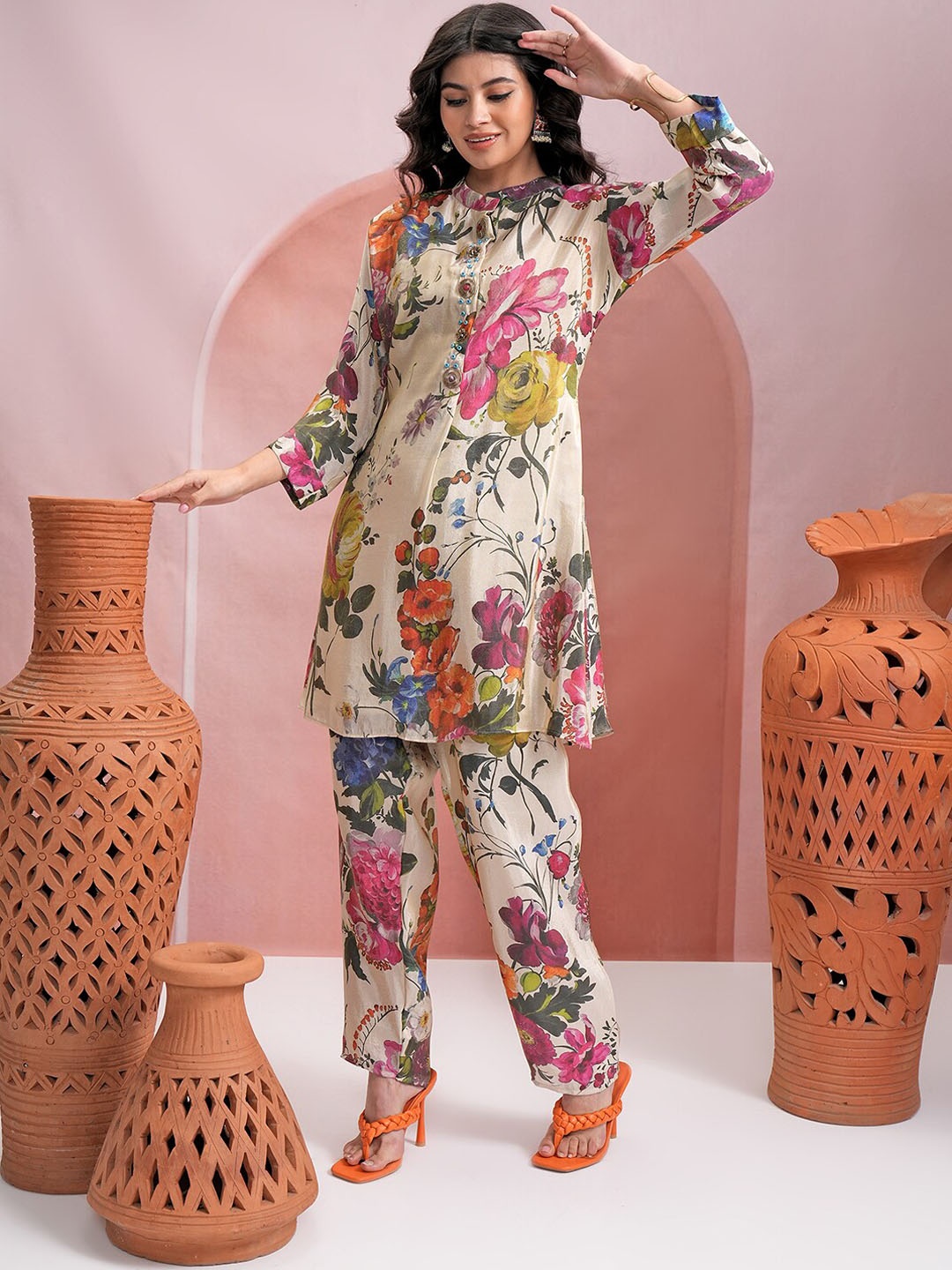 

Vishudh Beige Floral Printed Pure Cotton Ethnic Tunic with Trousers