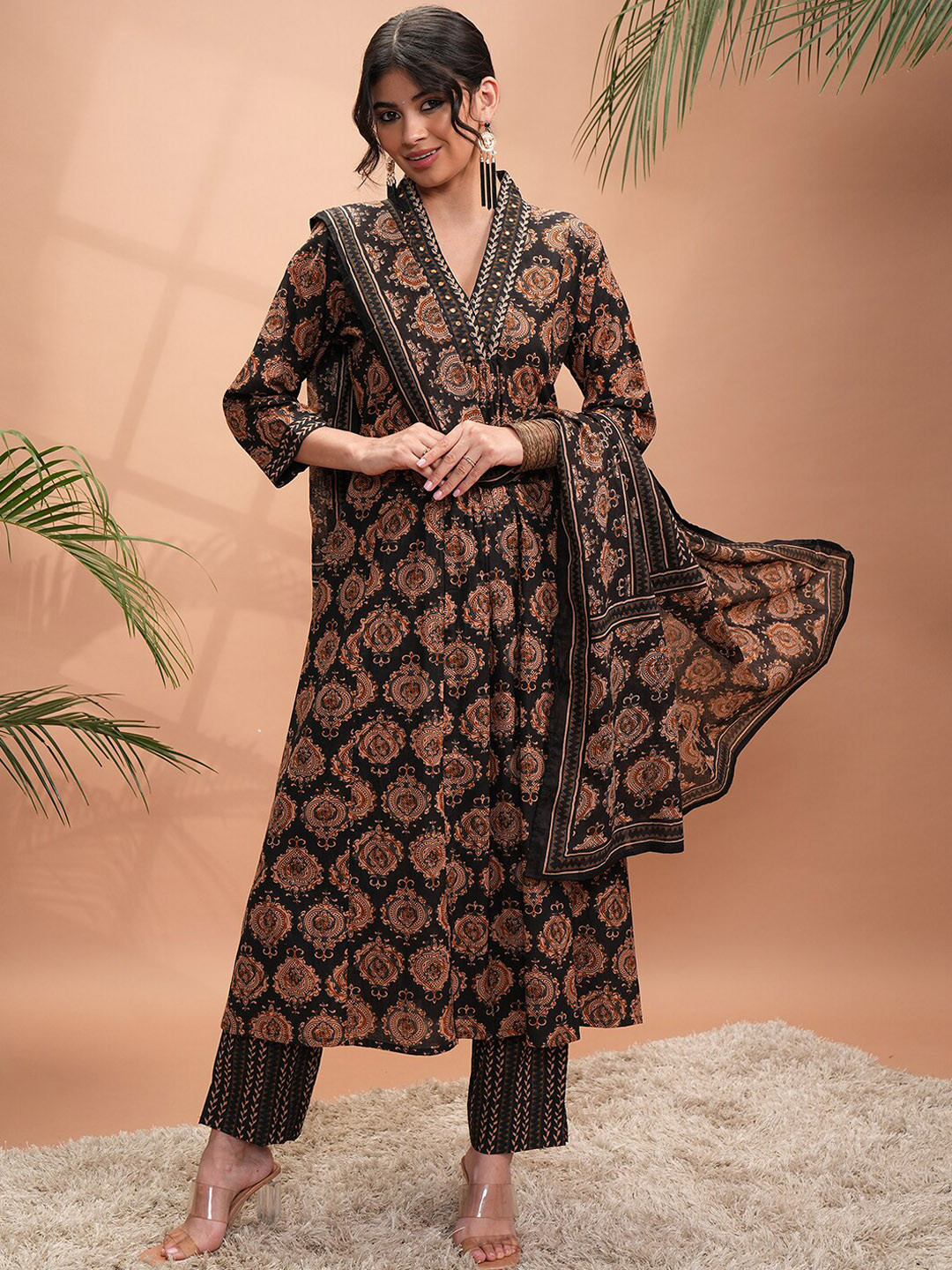 

Vishudh Floral Printed Regular Mirror Work Pure Cotton Kurta with Palazzos & Dupatta, Brown