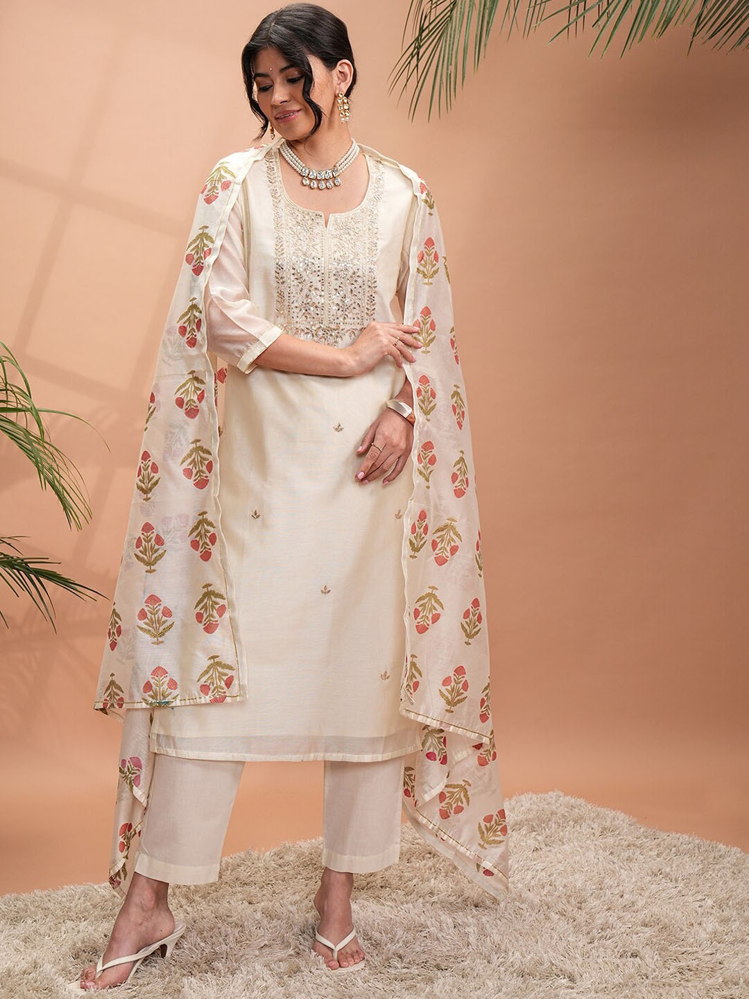 

Vishudh Cream Ethnic Motifs Embroidered Mirror Work Cotton Kurta & Trousers With Dupatta