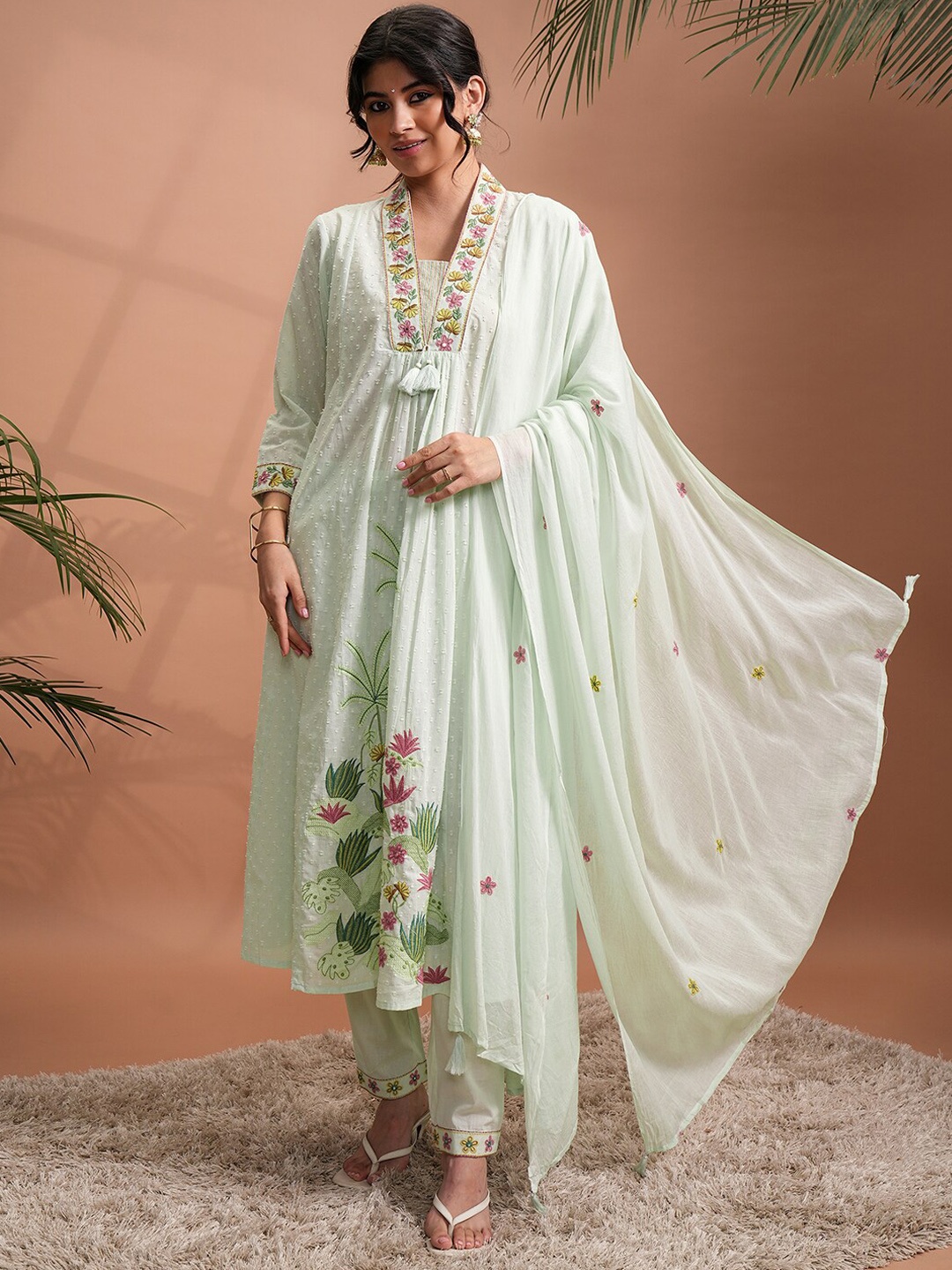 

Vishudh Floral Embroidered V-Neck Pure Cotton Kurta with Trousers & Dupatta, Green