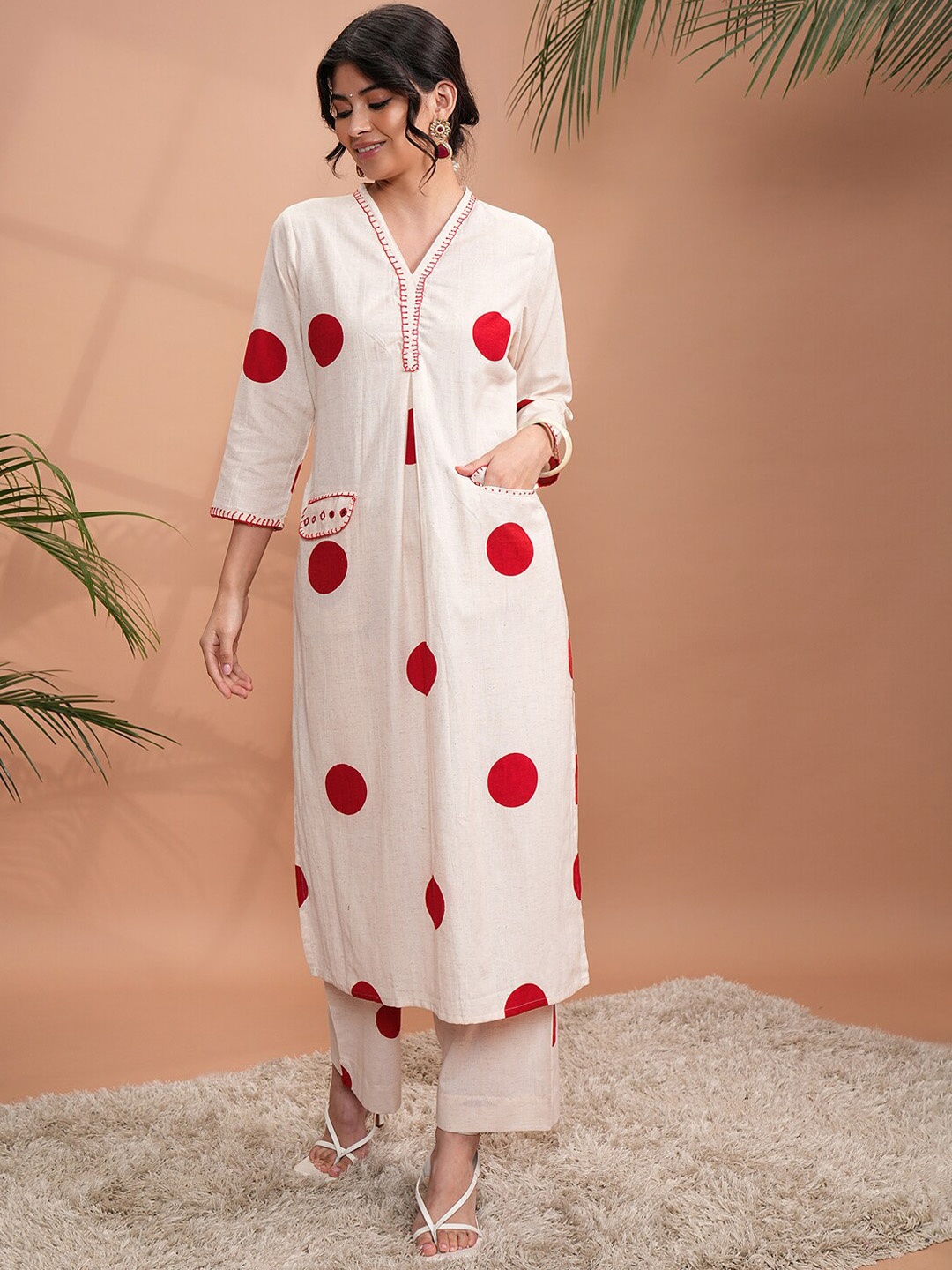 

Vishudh Off White Polka Dot Printed Regular Pure Cotton Kurta With Palazzos
