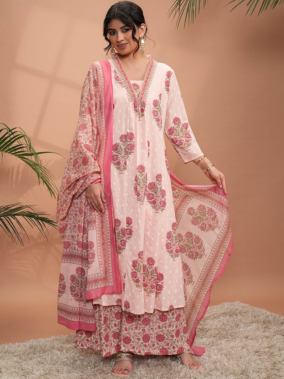 

Vishudh Floral Printed Regular Pure Cotton Kurta With Palazzos & Dupatta, Pink