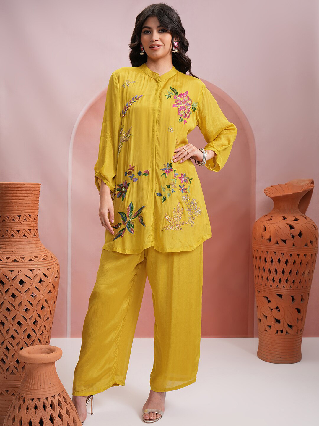 

Vishudh Yellow Floral Embroidered Sequinned Kurta with Palazzo