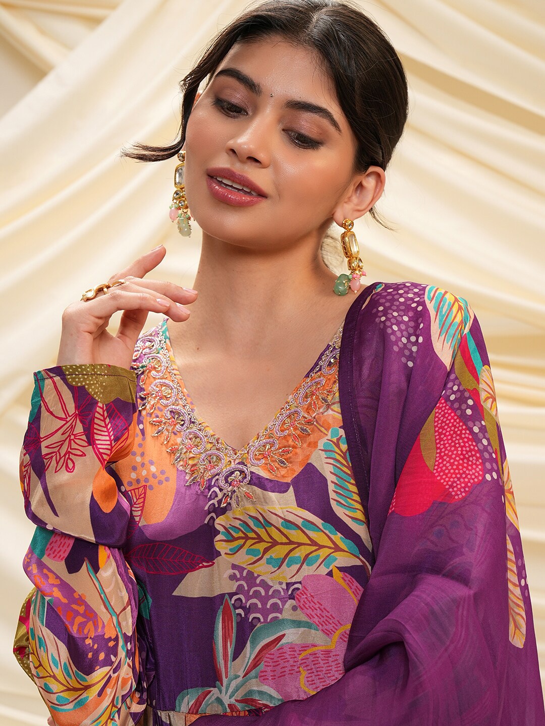 

Vishudh Purple Floral Printed Kurta with Palazzos & With Dupatta