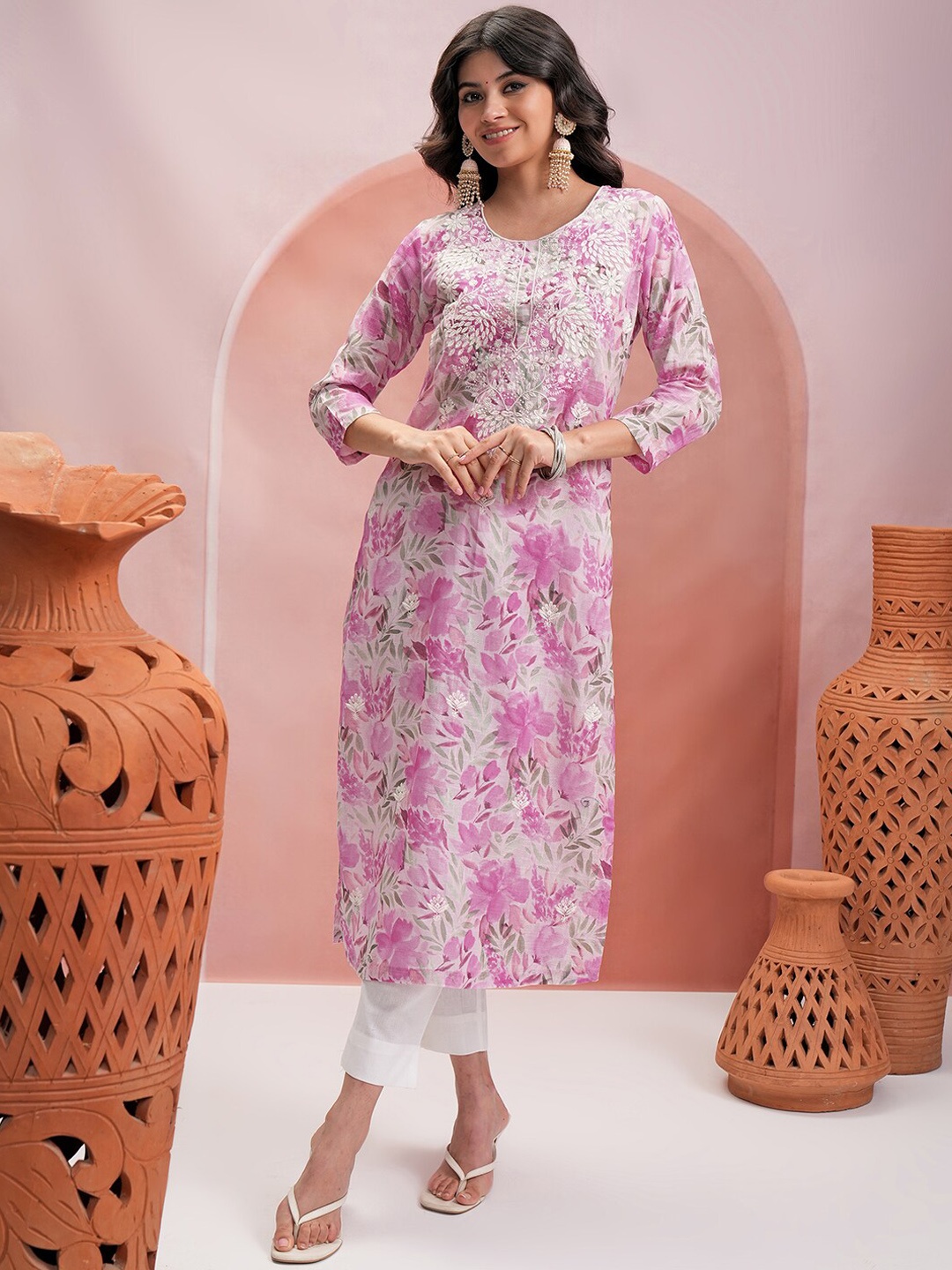 

Vishudh Pink Floral Printed Embroidered Pure Cotton Kurta with Trousers