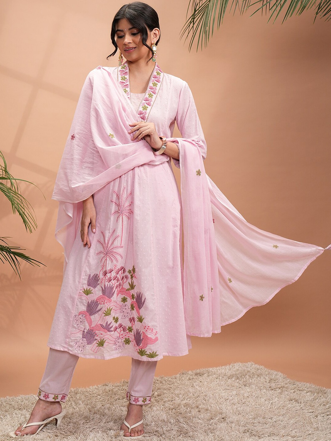 

Vishudh Pink Floral Embroidered Mirror Work Pure Cotton Kurta With Trousers & Dupatta