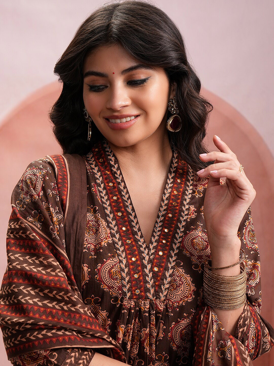 

Vishudh Floral Printed Mirror Work Pure Cotton Kurta with Trouser & With Dupatta, Brown