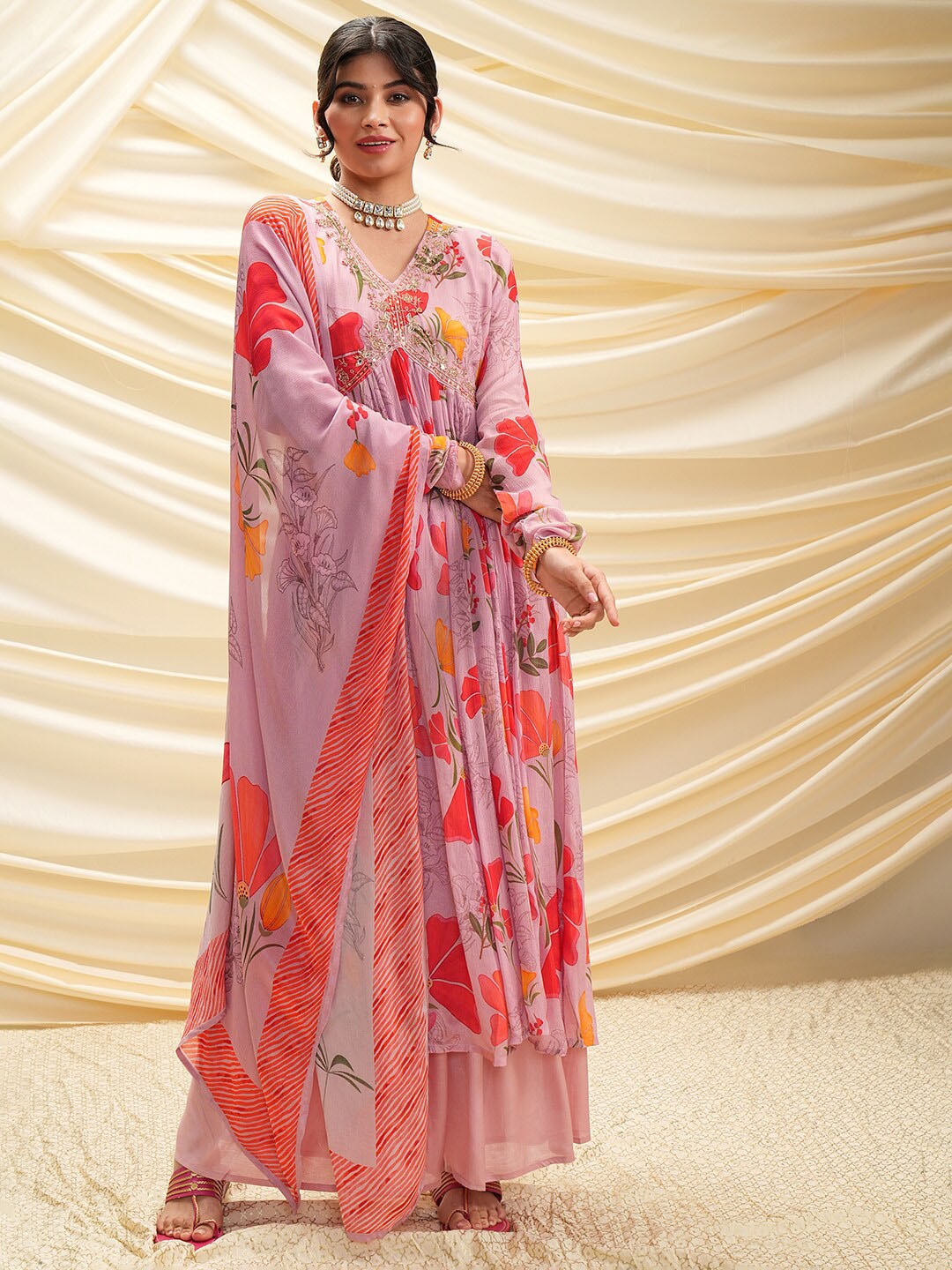 

Vishudh Floral Printed Regular Sequinned Kurta With Palazzos & Dupatta, Pink