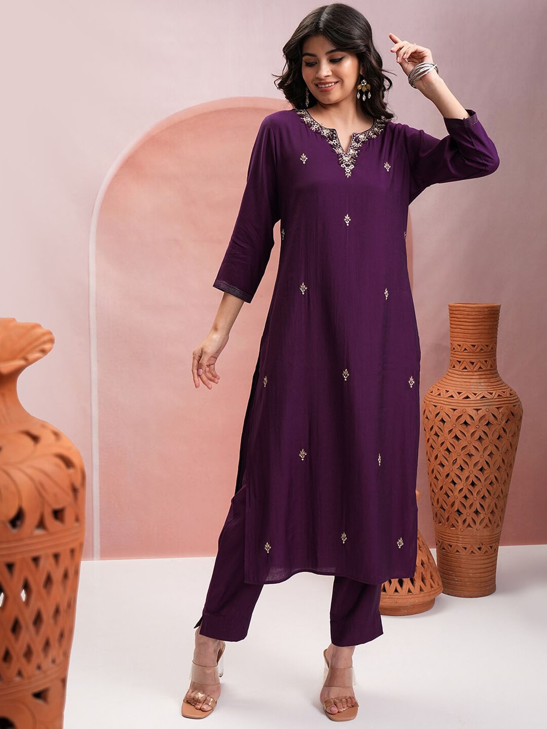 

Vishudh Ethnic Motifs Embroidered Regular Thread Work Pure Cotton Kurta With Trousers, Purple