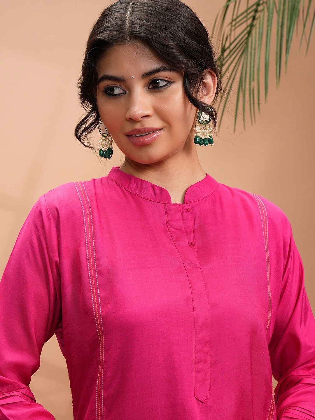 

Vishudh Floral Embroidered Mandarin Collar Thread Work A-Line Kurta With Palazzos, Pink