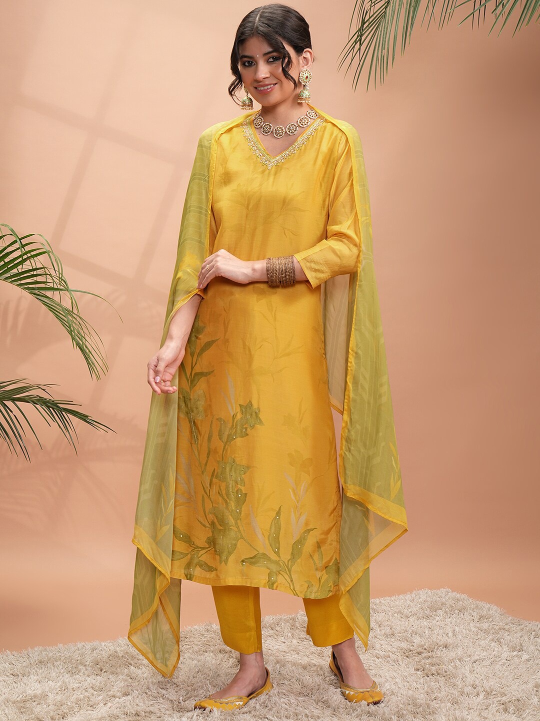 

Vishudh Mustard Yellow Floral Printed Thread Work Regular Kurta With Trousers & Dupatta