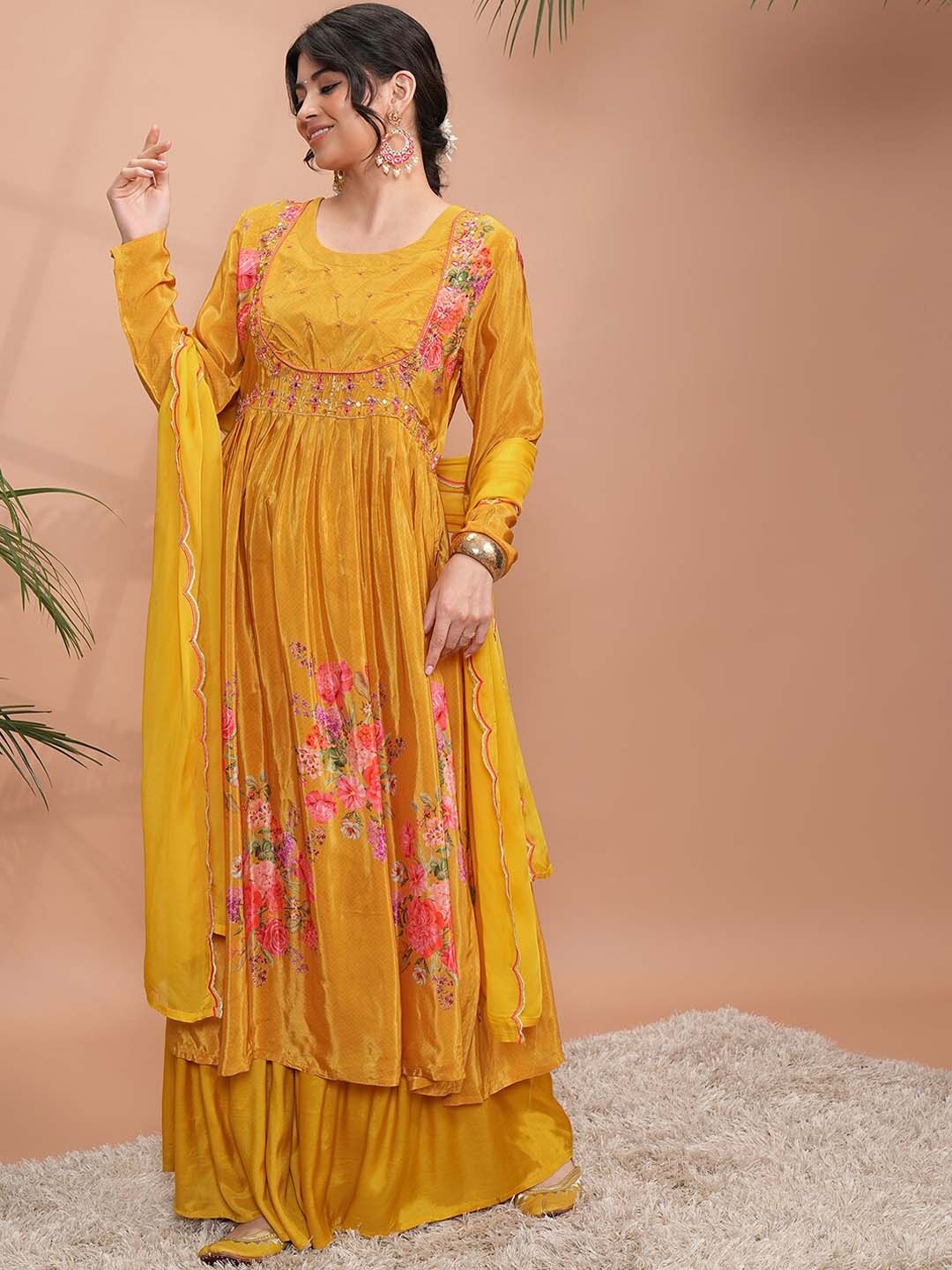 

Vishudh Mustard Floral Printed Mirror Work Kurta with Sharara & With Dupatta