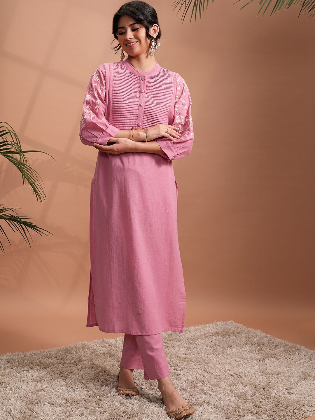 

Vishudh Yoke Design Regular Thread Work Pure Cotton Kurta With Palazzos, Pink