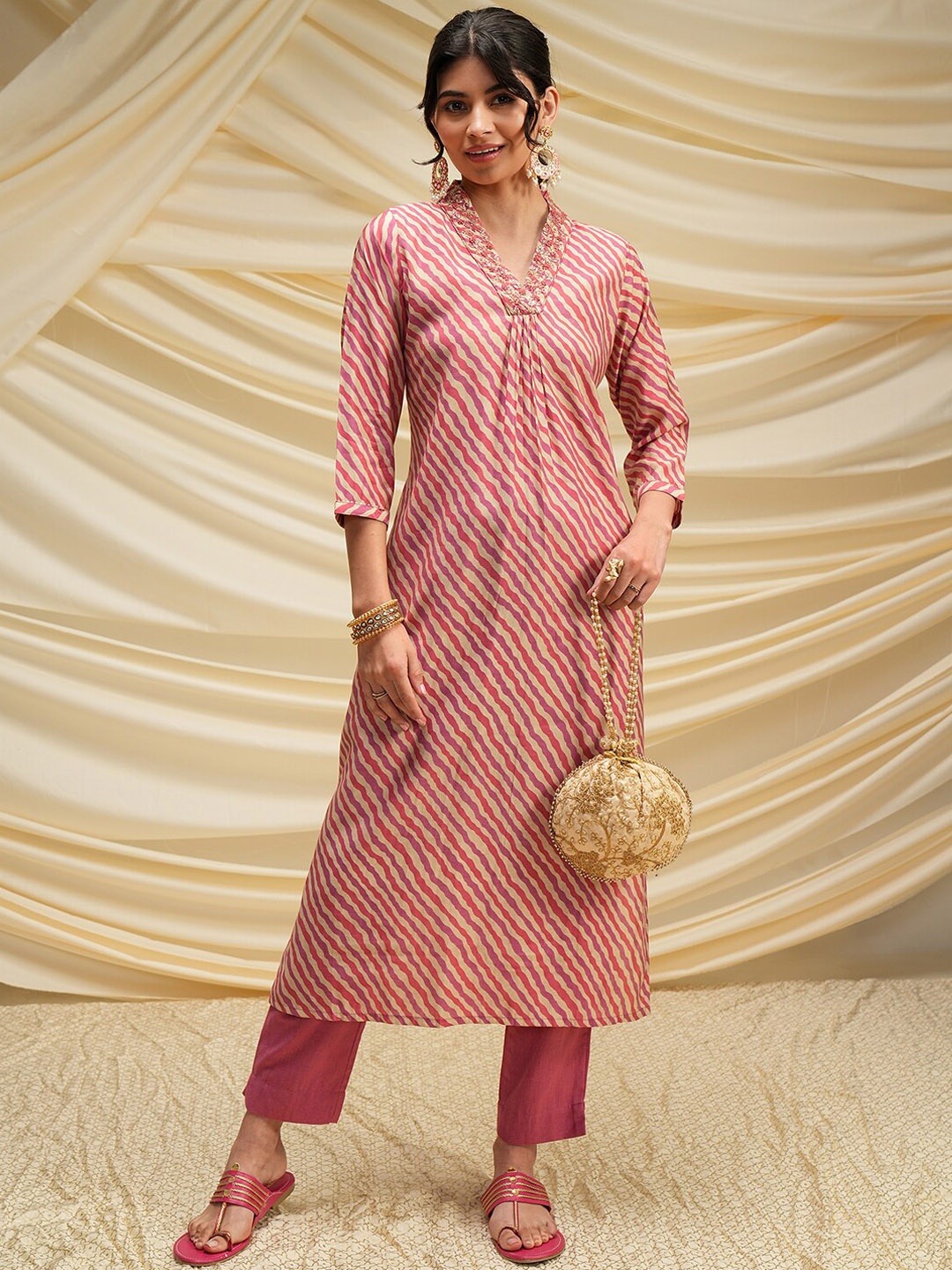 

Vishudh Pink Leheriya Printed Thread Work Pure Cotton Kurta with Palazzos