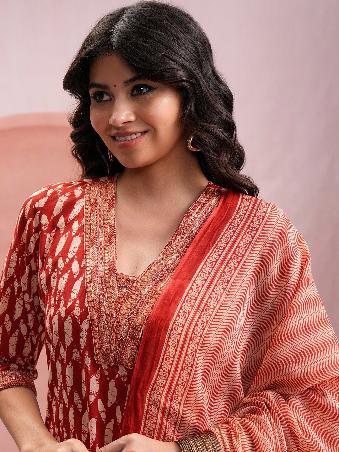 

Vishudh Red Batik Printed Mirror Work Pure Cotton Kurta With Trousers & Dupatta