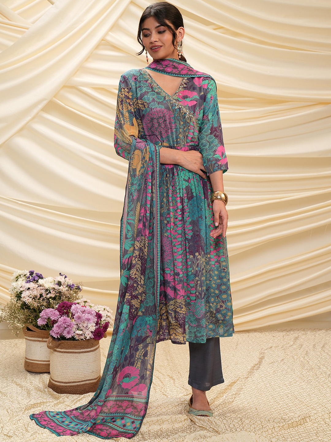 

Vishudh Floral Printed Angrakha Mirror Work A-Line Kurta With Trousers & Dupatta, Navy blue