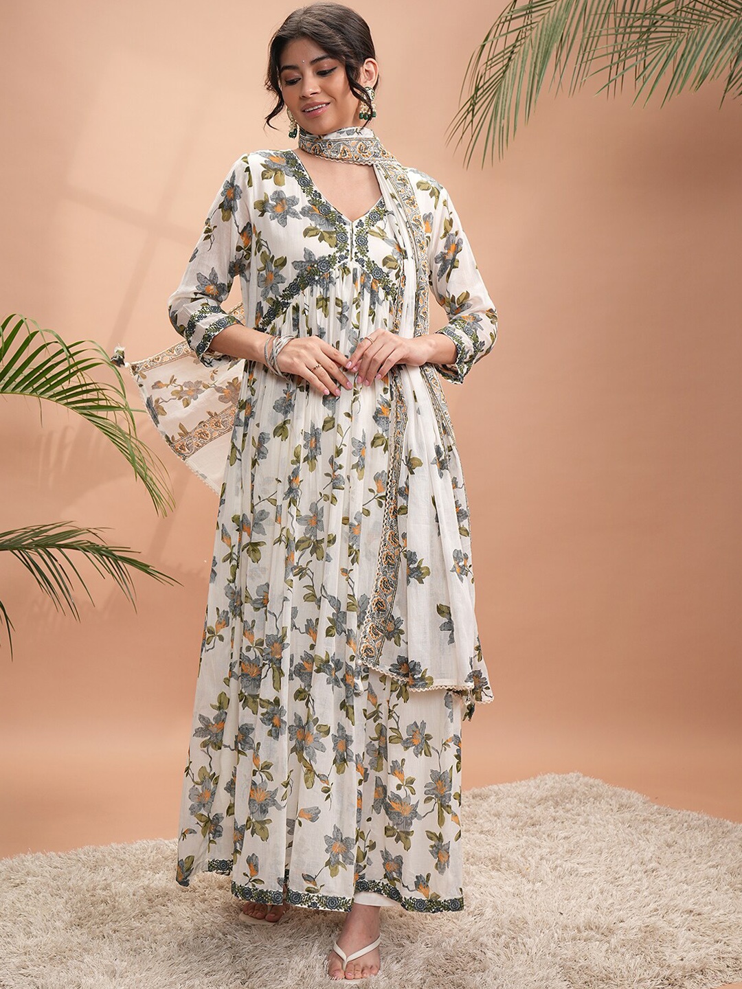 

Vishudh Floral Printed Empire Pure Cotton Kurta With Palazzos & Dupatta, Off white