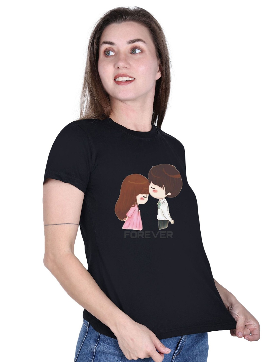 

DADNI FASHION Women Printed Pure Cotton T-shirt, Black