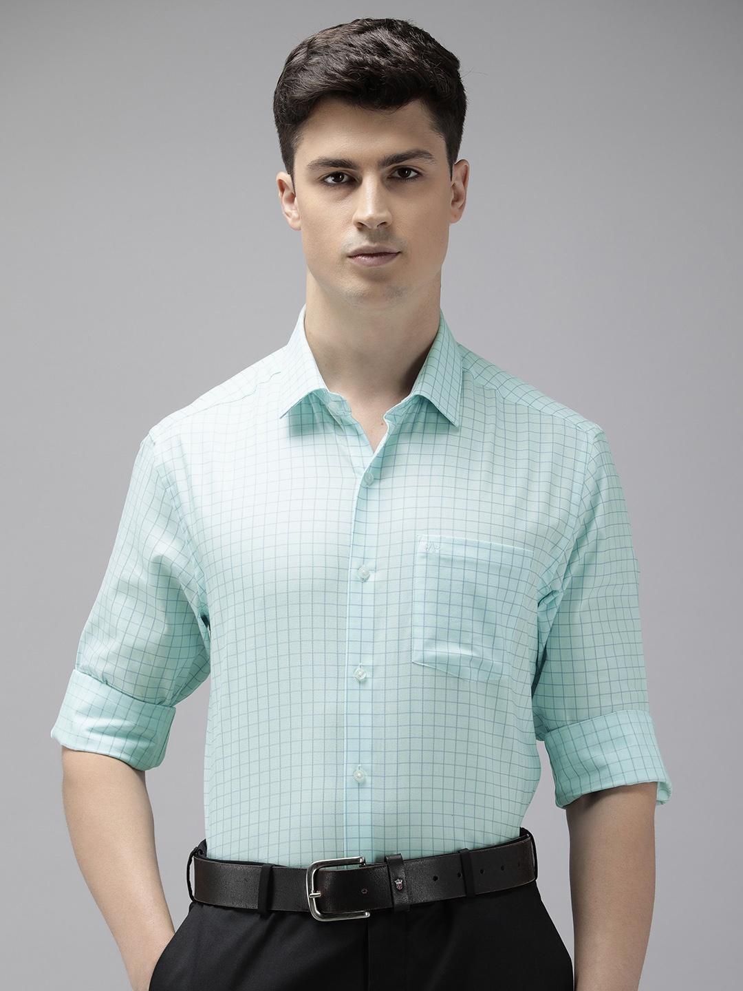 

Arrow Pure Cotton Manhattan Slim Fit Grid Tattersall Checked Formal Shirt, Turquoise blue