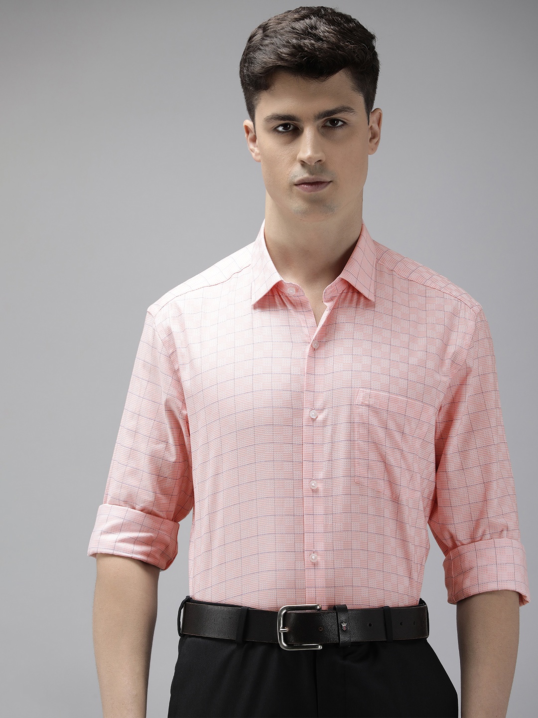 

Arrow Pure Cotton Manhattan Slim Fit Grid Tattersall Checked Formal Shirt, Peach