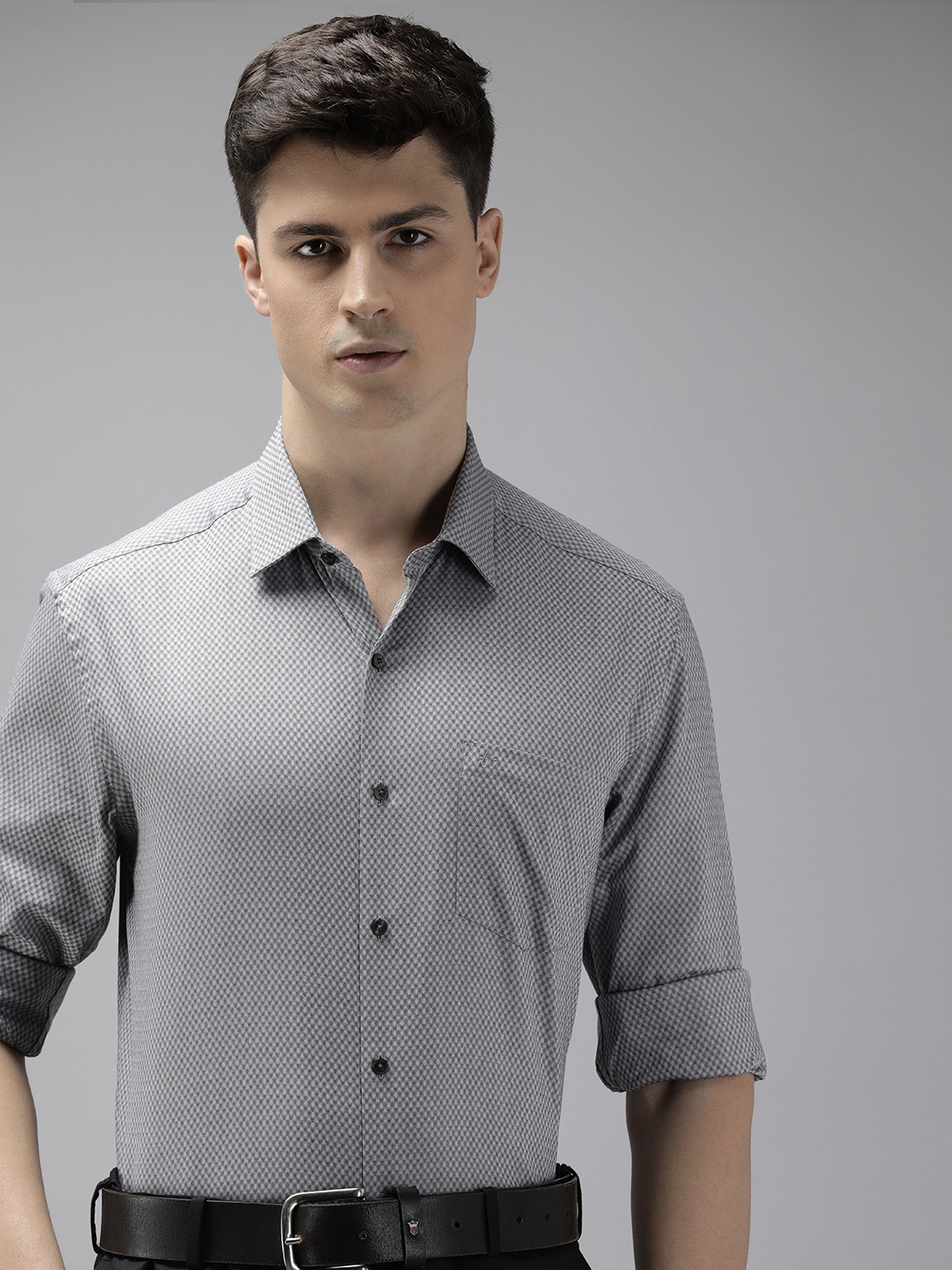 

Arrow Pure Cotton Self Design Textured Manhattan Slim Fit Opaque Formal Shirt, Grey
