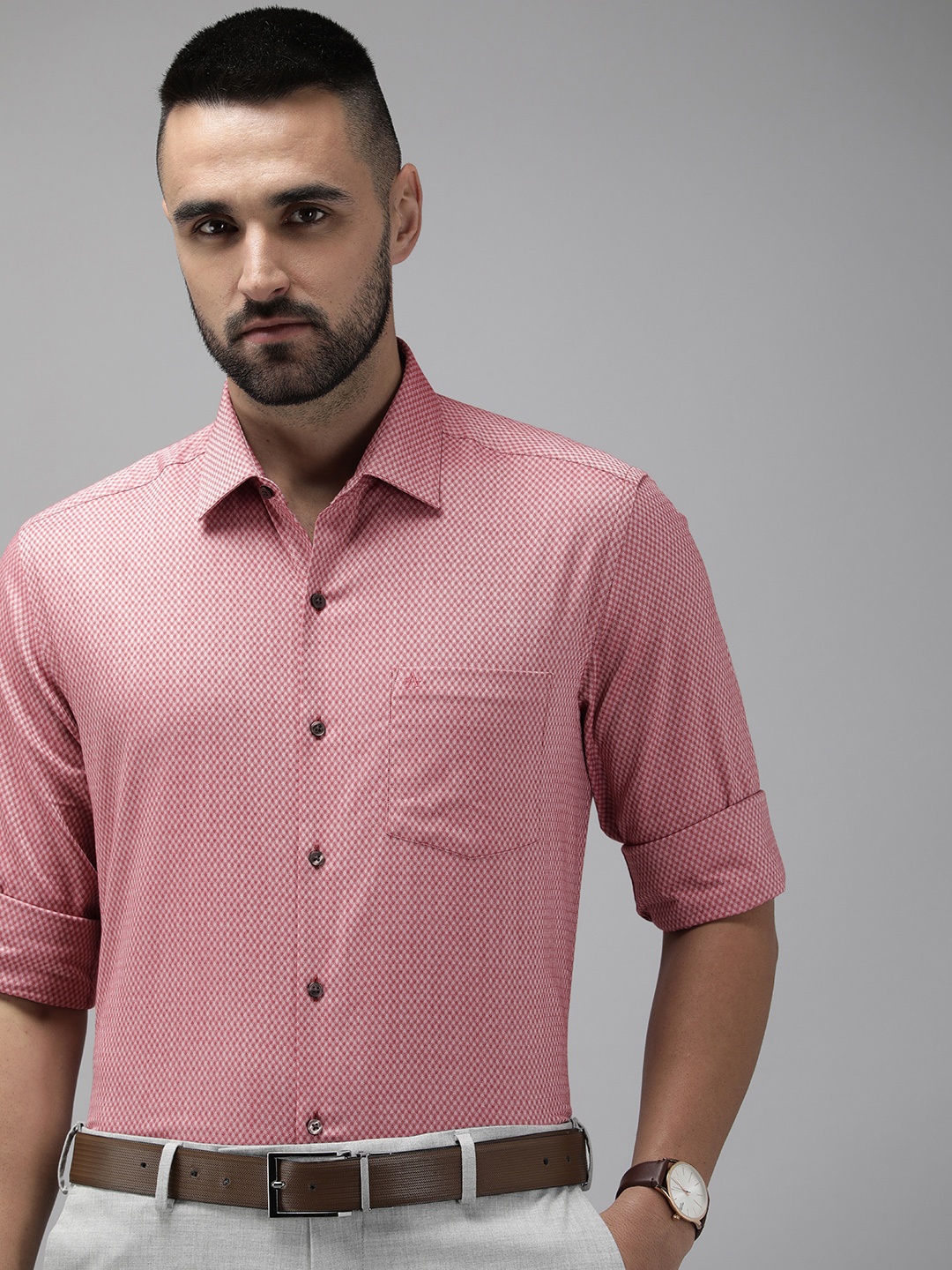 

Arrow Pure Cotton Manhattan Self Design Slim Fit Opaque Formal Shirt, Red
