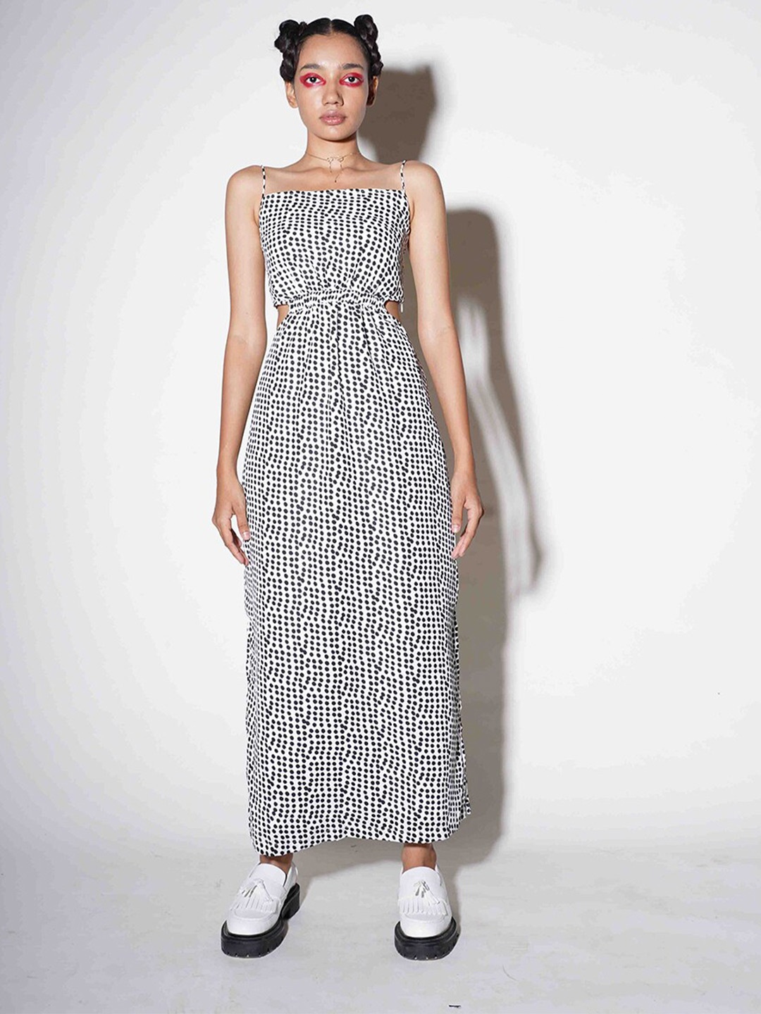 

Ostilos Polka Dot Cut Out Fit & Flare Maxi Dress, White