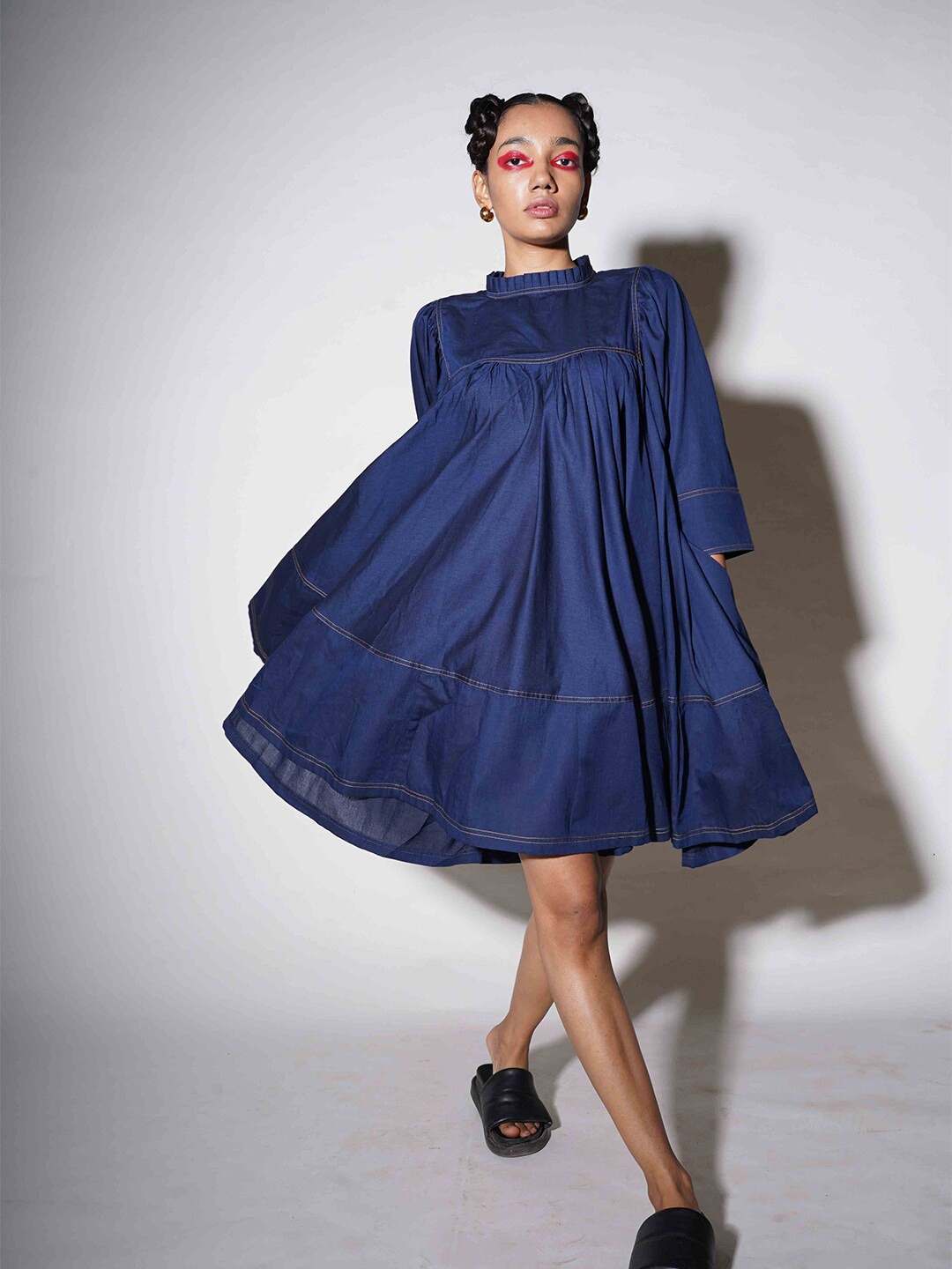 

Ostilos Puff Sleeve Flared Solid A-Line Dress, Blue