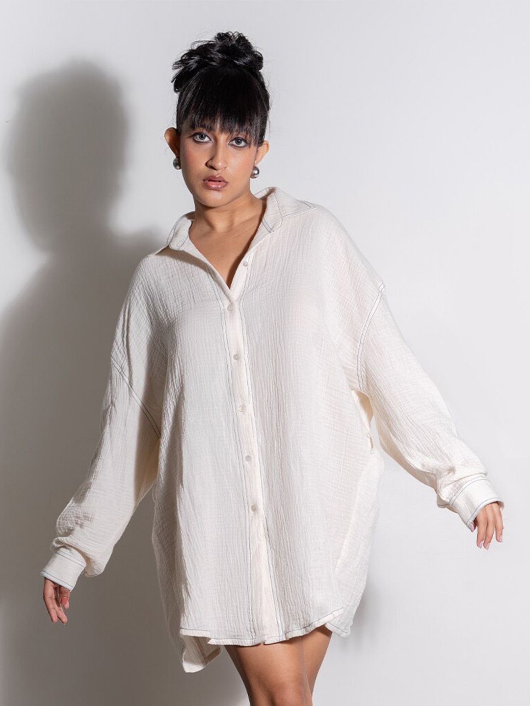 

Ostilos Self Design Oversized Mini Shirt Dress, White