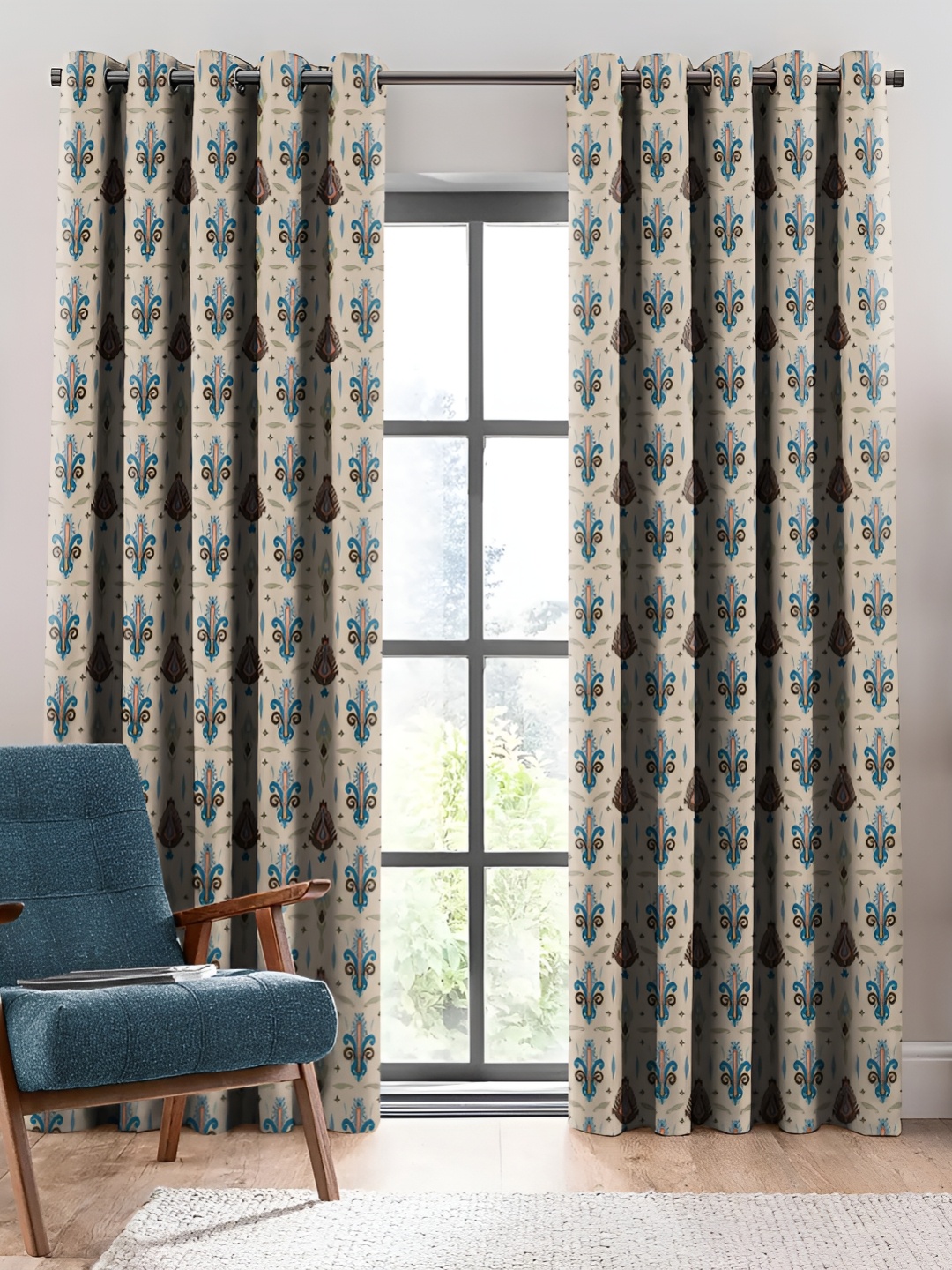 Nefertiti Home Cream & Blue S2 Pcs Floral Room Darkening Door Curtain