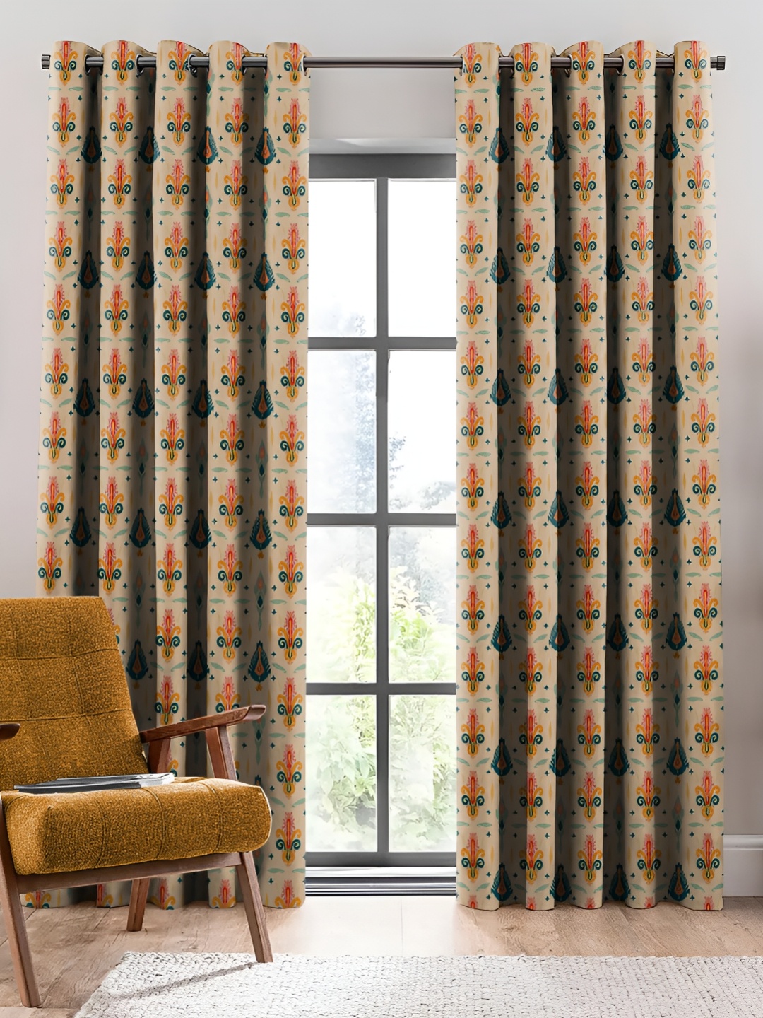 

Nefertiti Home Cream & Orange 2 Pcs Floral Room Darkening Door Curtain