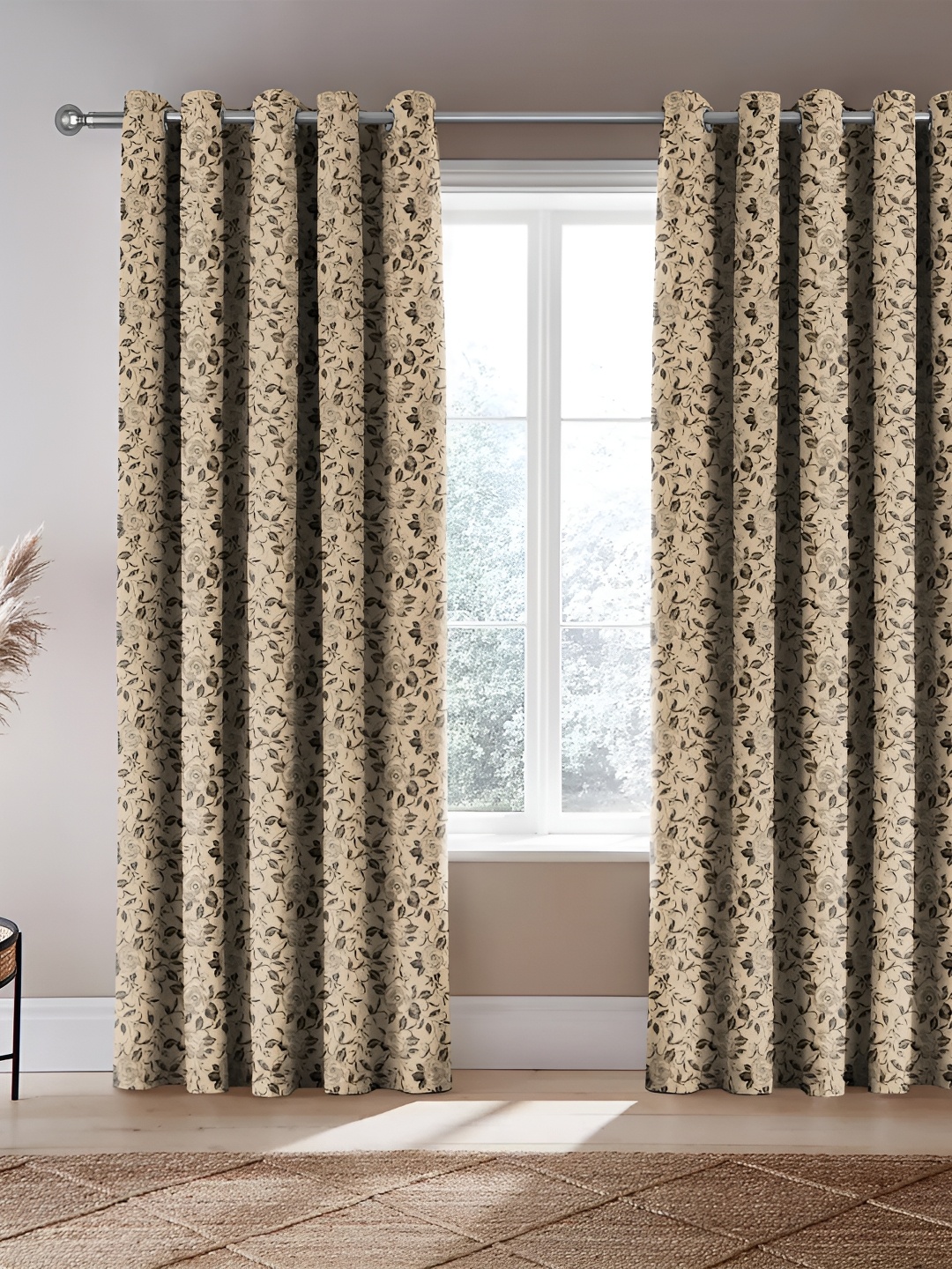 

Nefertiti Home Cream & Grey 2 Pcs Floral Room Darkening Long Door Curtain