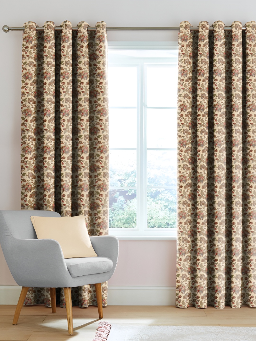 Nefertiti Home Cream & Grey 2 Pcs Floral Room Darkening Long Door Curtain