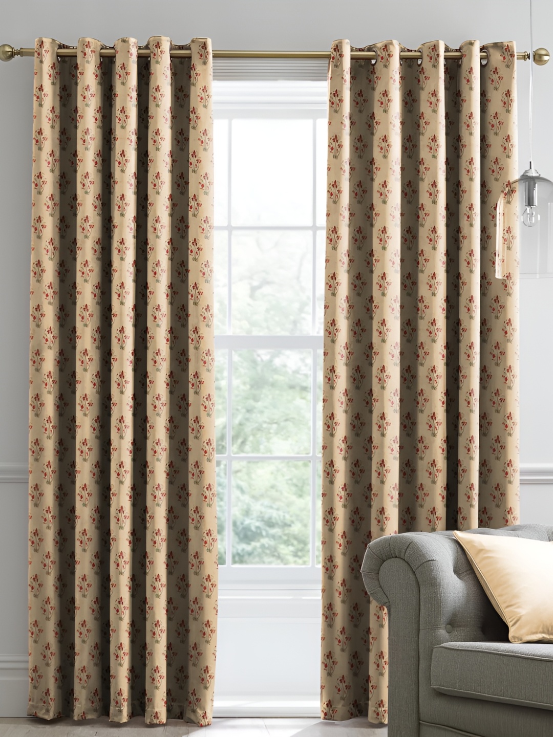 

Nefertiti Home Cream & Red 2 Pcs Floral Room Darkening Long Door Curtain
