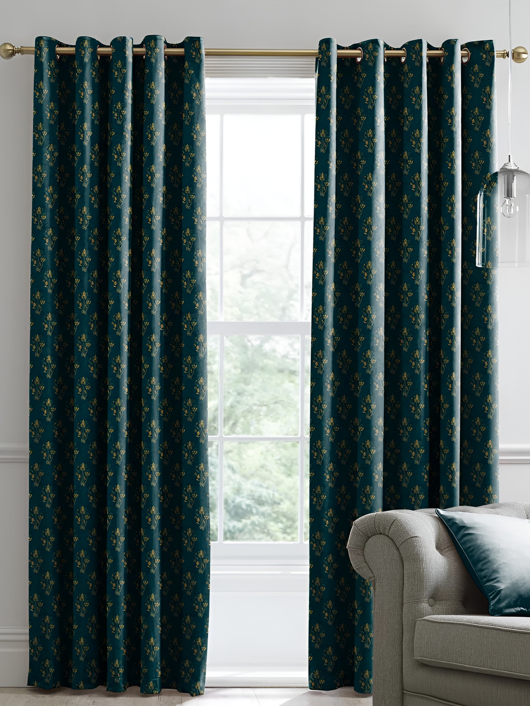 

Nefertiti Home Teal Green 2 Pcs Floral Room Darkening Long Door Curtain