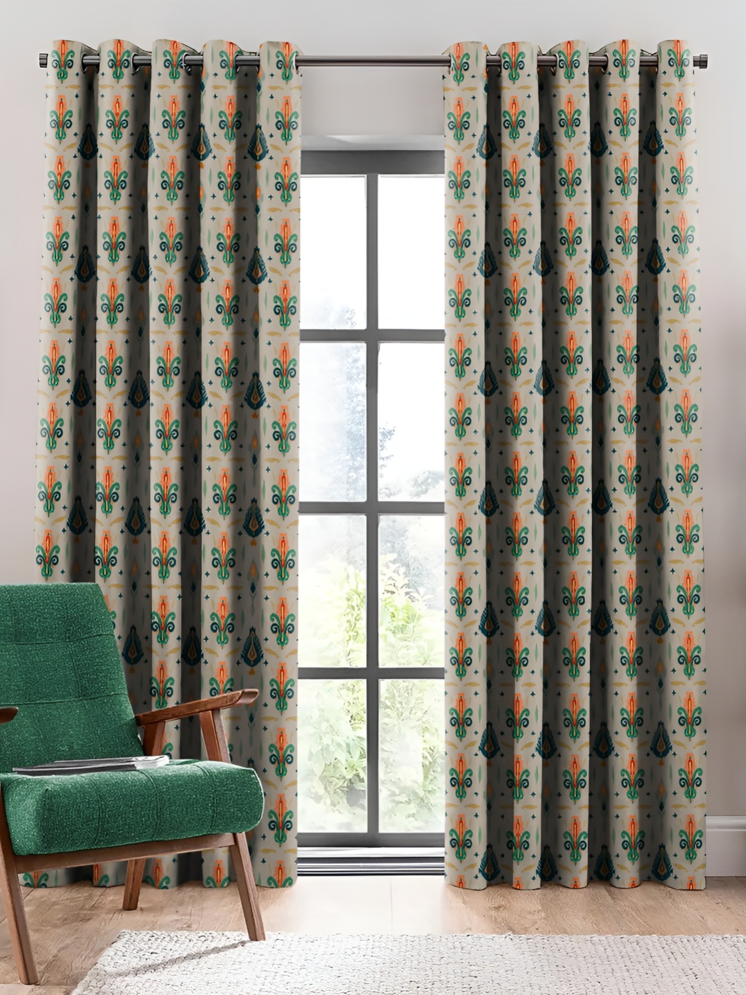 Nefertiti Home Green & Cream 2 Pcs Floral Room Darkening Door Curtain