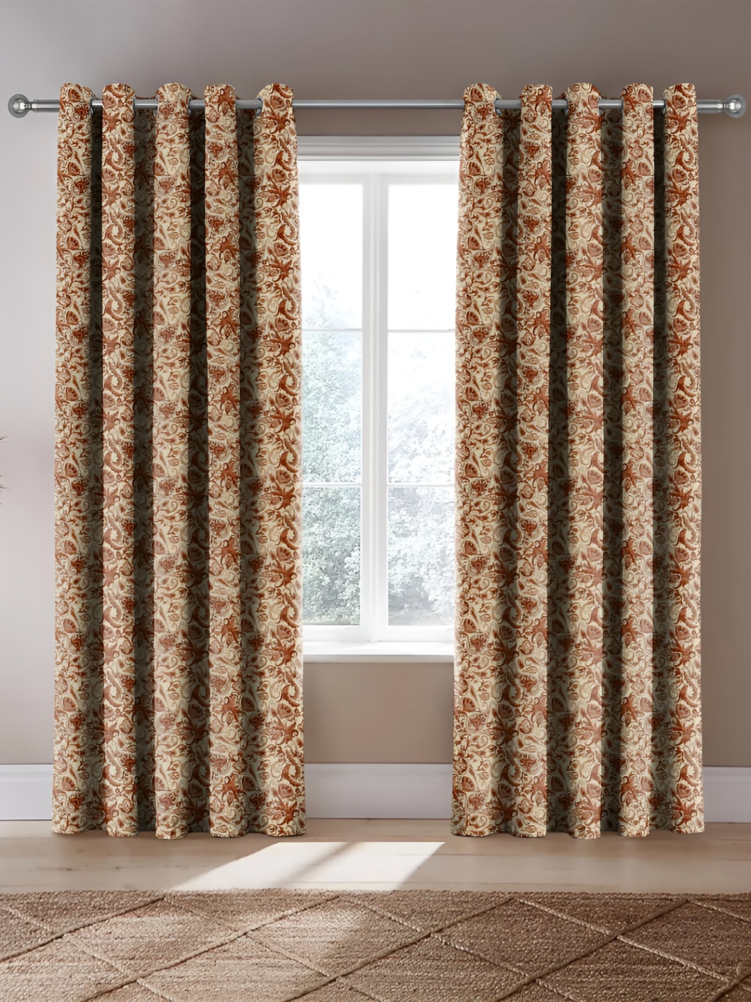 

Nefertiti Home Orange & Beige 2 Pcs Floral Room Darkening Long Door Curtain