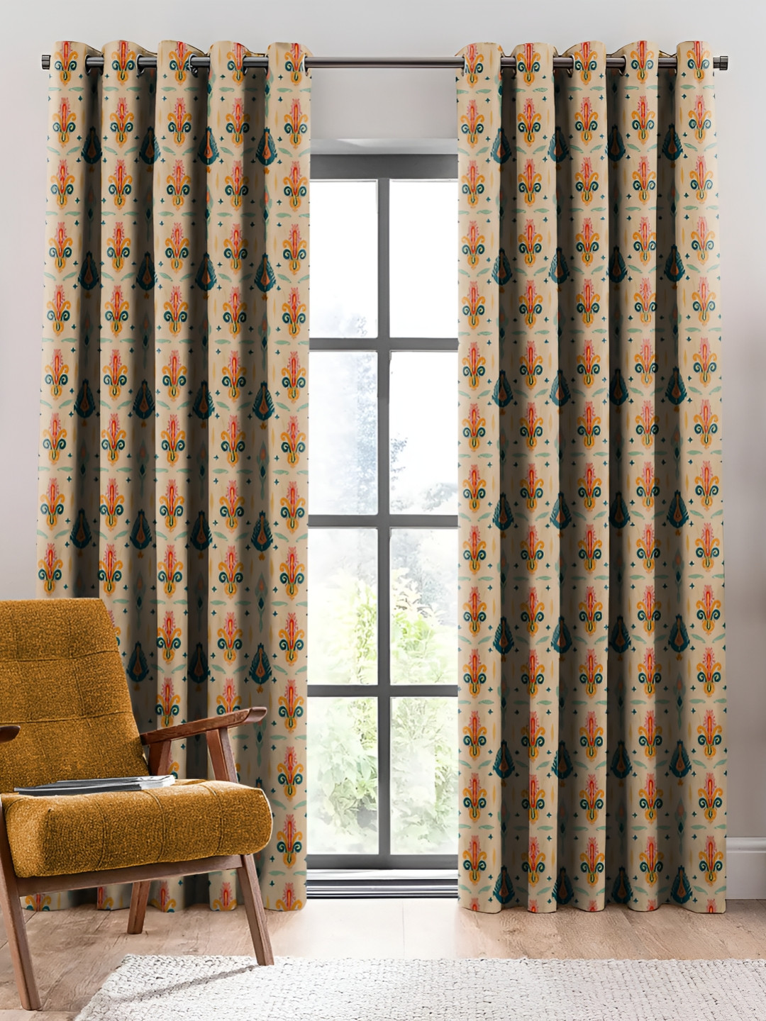 

Nefertiti Home Orange & Cream 2 Pcs Floral Room Darkening Long Door Curtain