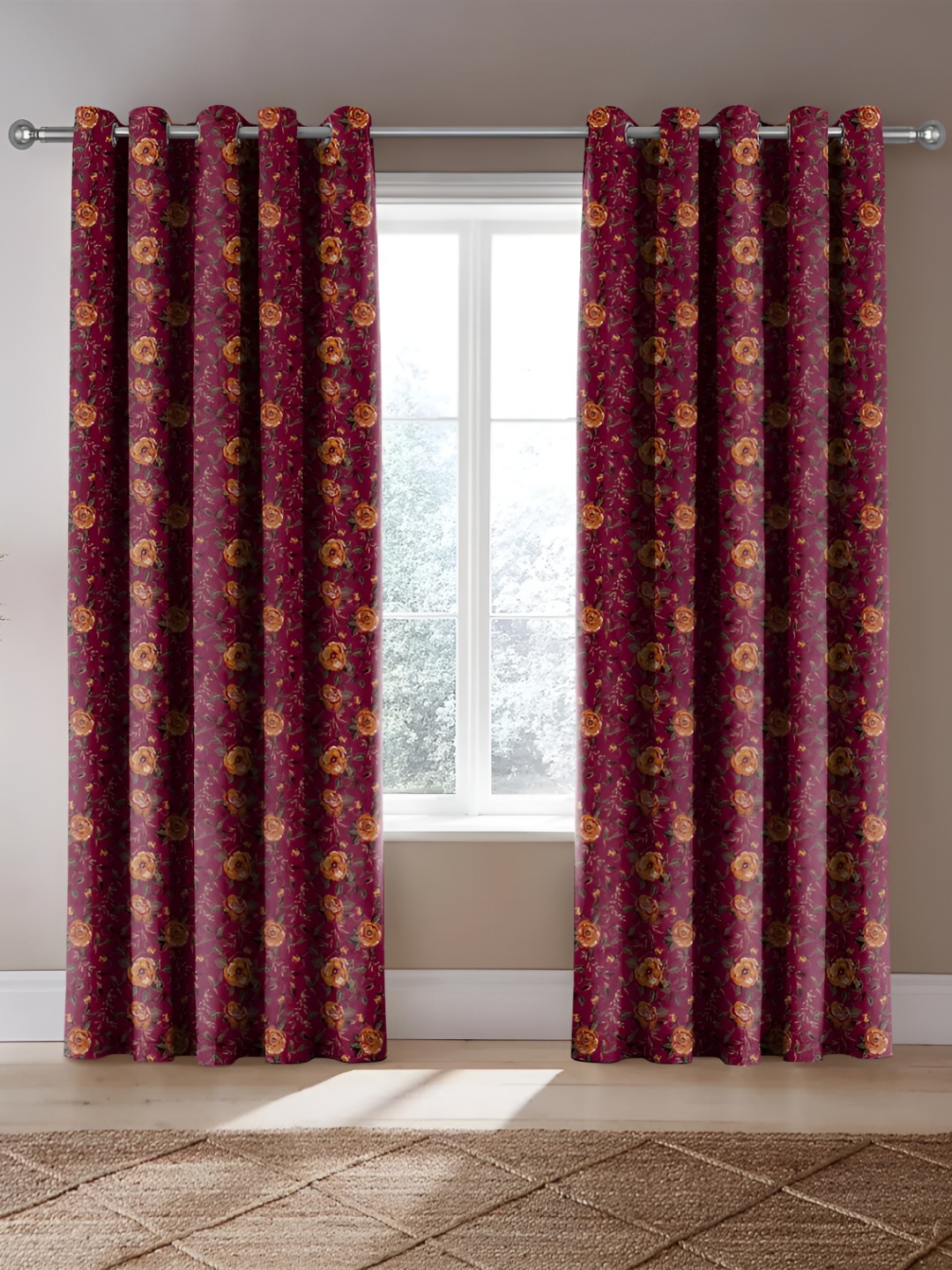 Nefertiti Home Maroon & Yellow 2 Pcs Floral Room Darkening Door Curtain