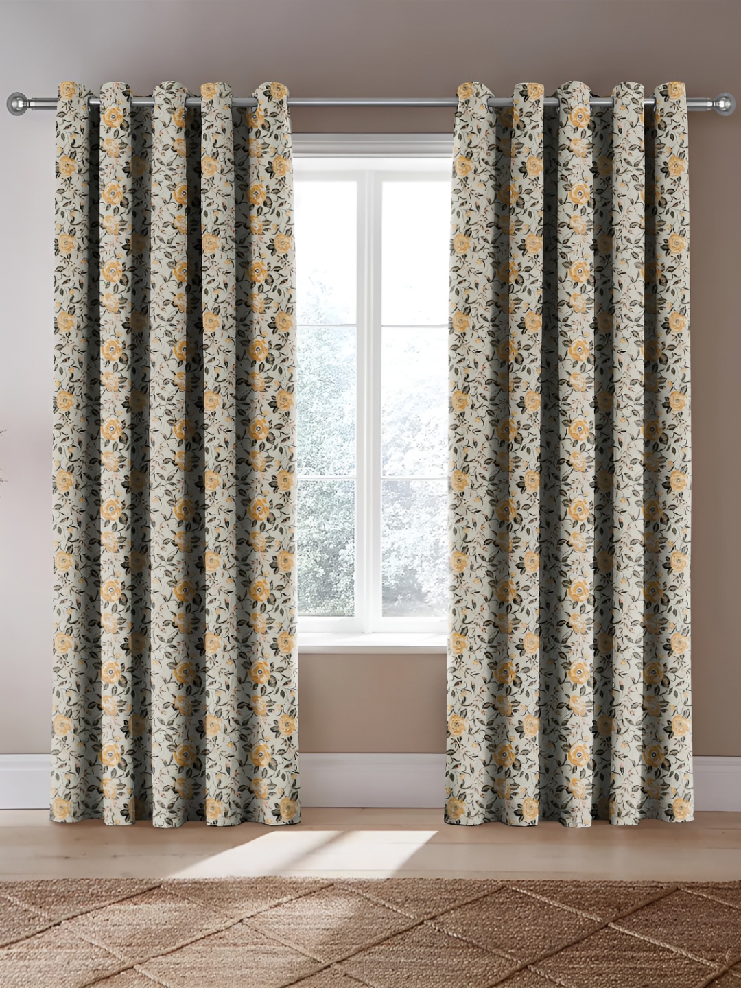 

Nefertiti Home Grey & Yellow 2 Pcs Floral Room Darkening Long Door Curtain