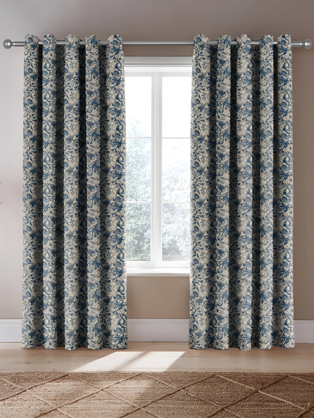 Nefertiti Home Blue & Grey 2 Pcs Floral Room Darkening Long Door Curtain