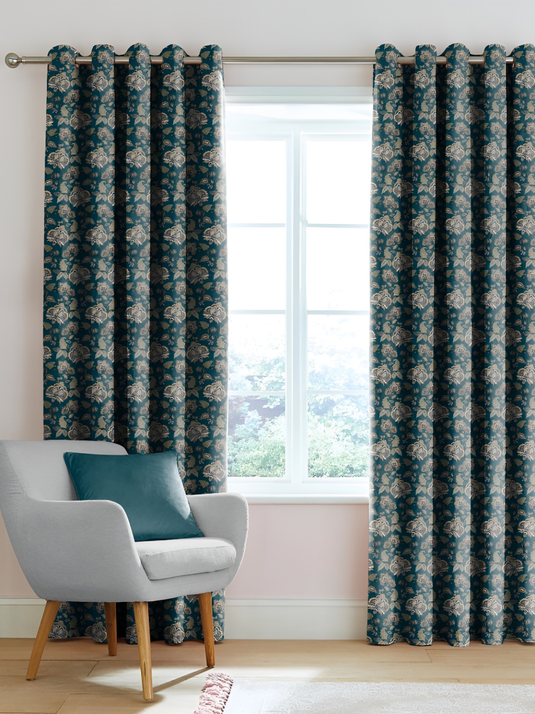 

Nefertiti Home Teal Blue 2 Pcs Floral Room Darkening Door Curtain
