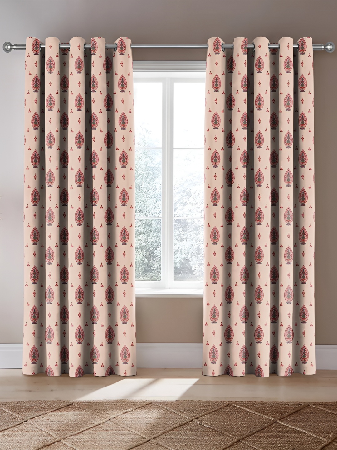 

Nefertiti Home Pink & Cream 2 Pcs Floral Room Darkening Long Door Curtain