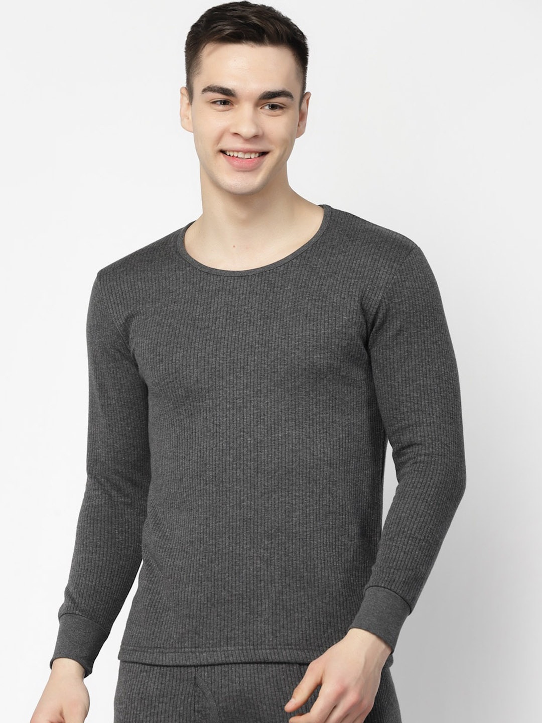 

Kalt Round Neck Ribbed Thermal Top, Charcoal